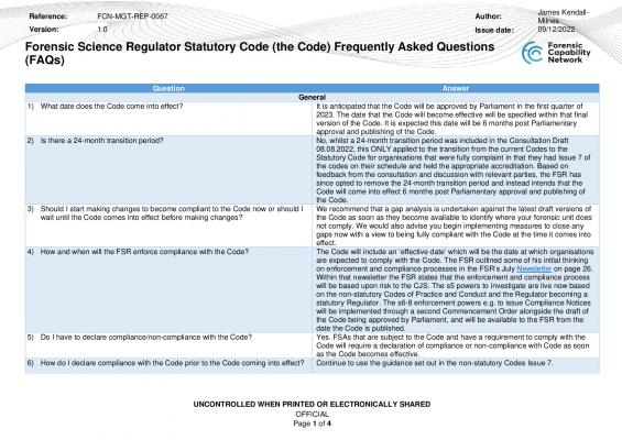 FCN-MGT-REP-0067 Forensic Science Regulator Statutory Code Frequently Asked Questions v1.0.pdf